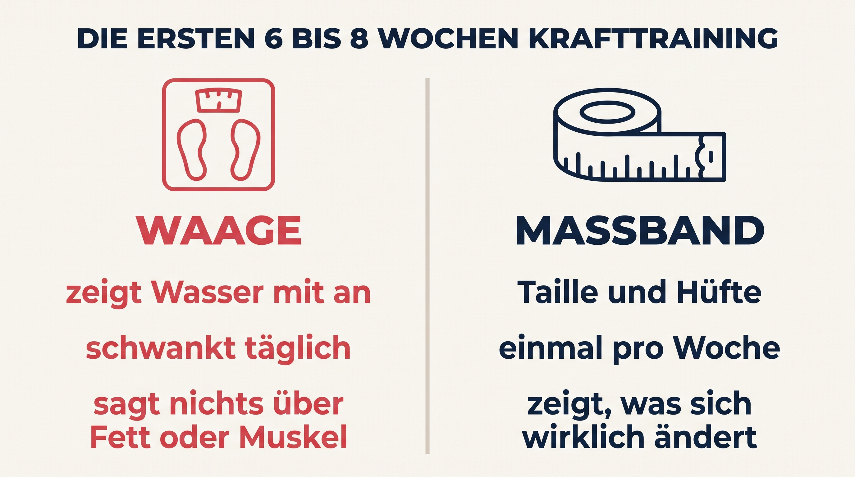 Grafik mit dem Vergleich Waage gegen Maßband: was in den ersten Wochen Krafttraining wirklich zählt