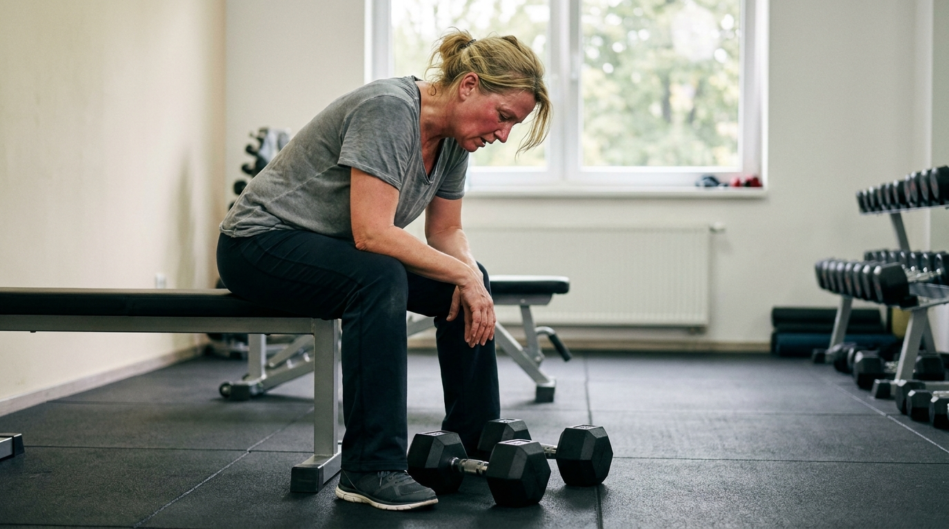 Frau Anfang 40 sitzt erschöpft auf einer Hantelbank, neben ihr liegen zu schwere Kurzhanteln, sie stützt die Hände auf die Knie