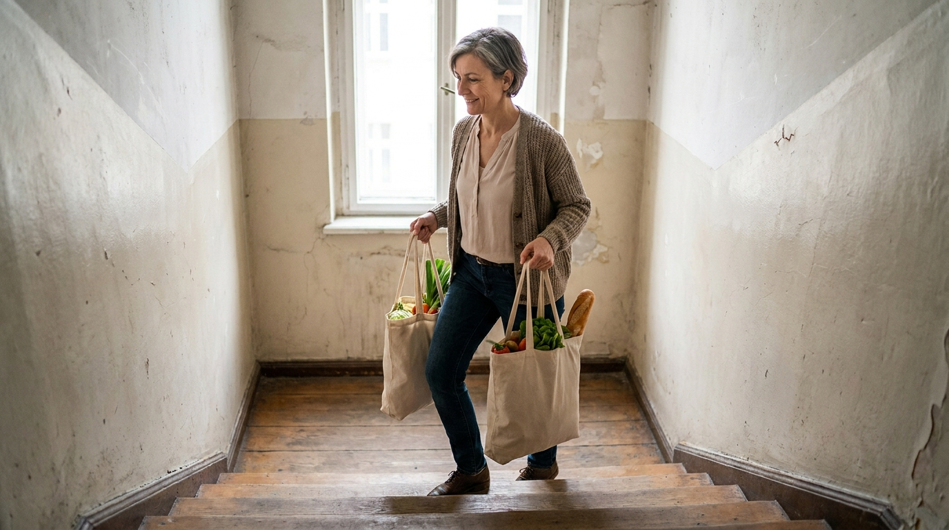 Frau um die 50 trägt lächelnd zwei volle Einkaufstaschen die Treppe in ihrem Haus hinauf