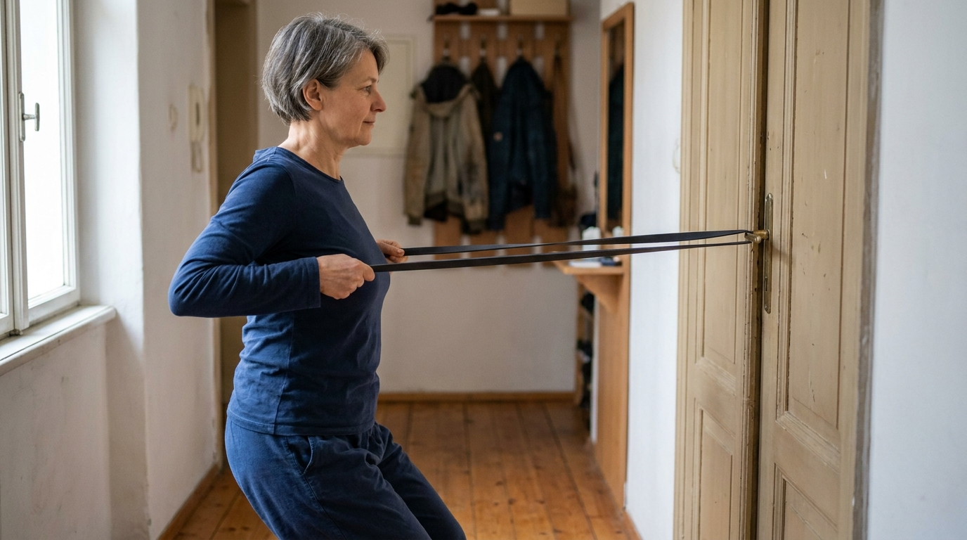 Frau um die 55 zieht ein Fitnessband, das an einer Türklinke befestigt ist, zu sich heran, Ruderübung im Flur zu Hause