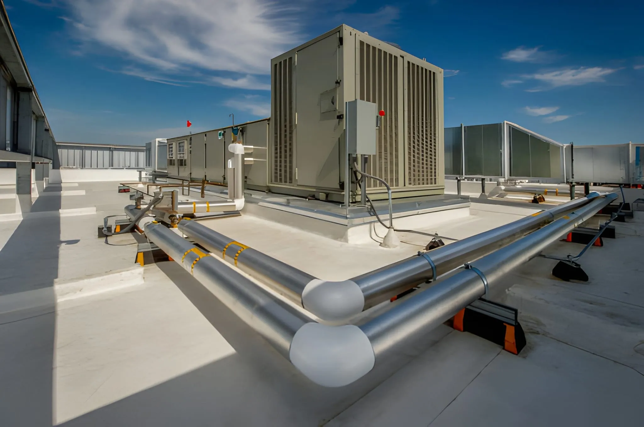 Rooftop HVAC unit with metal pipes against a clear blue sky, showcasing commercial building infrastructure.

