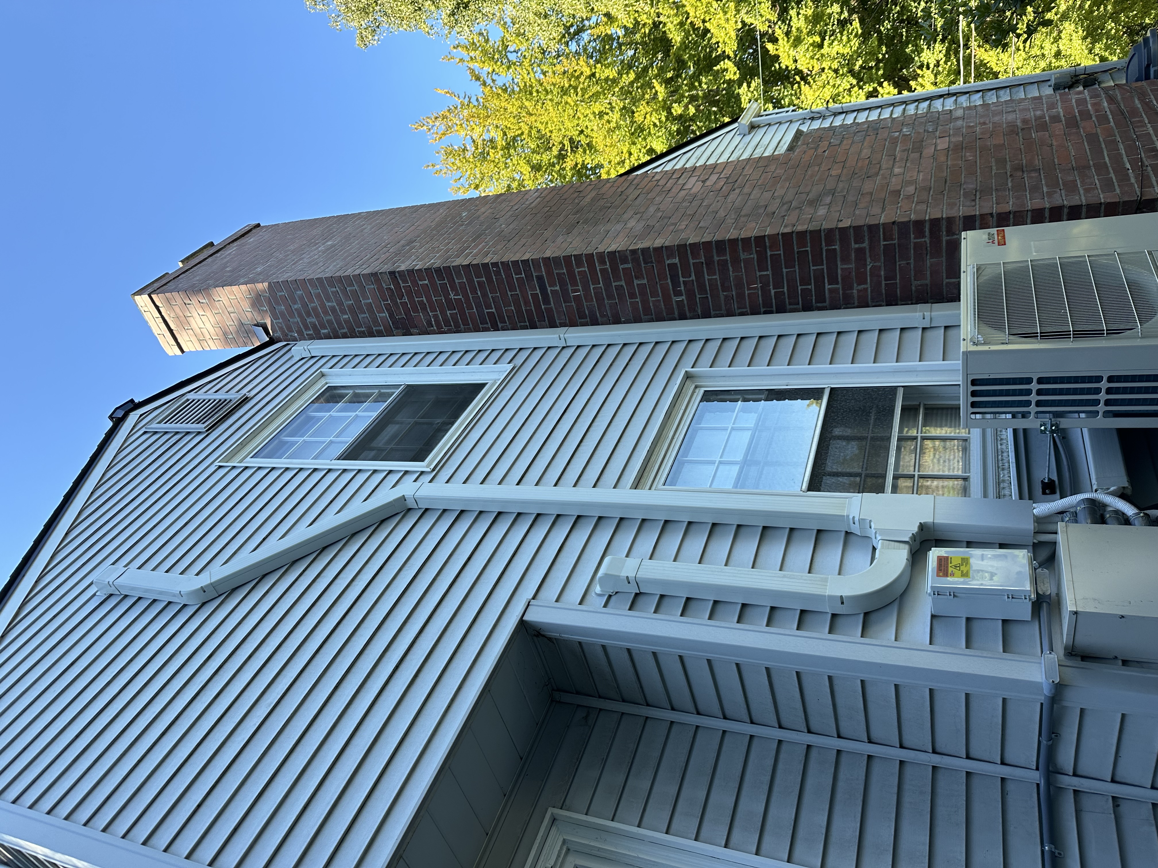Exterior view of a house featuring vinyl siding, a chimney, and an air conditioning unit.

