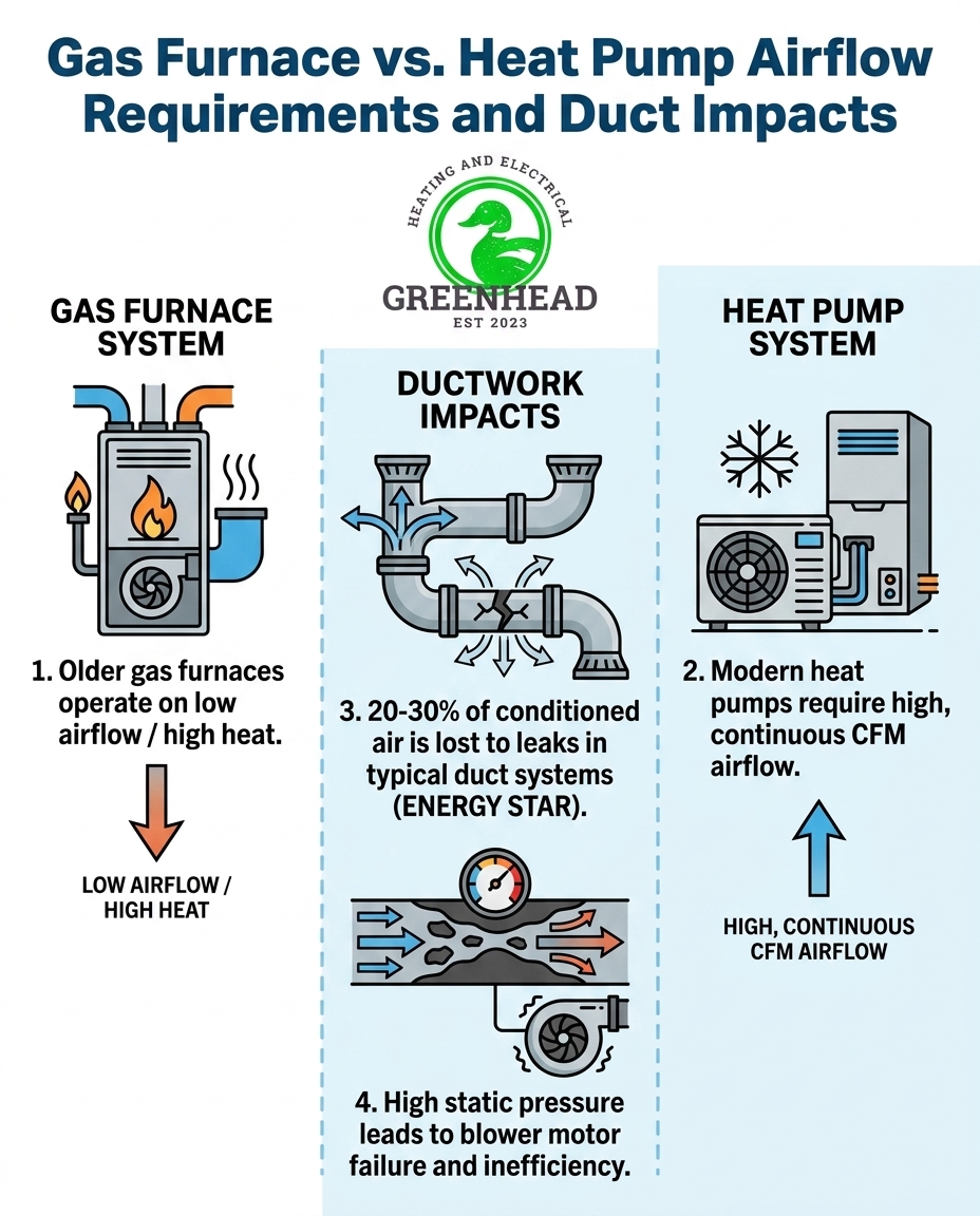 Gas Furnace vs. Heat Pump Airflow Requirements and Duct Impacts