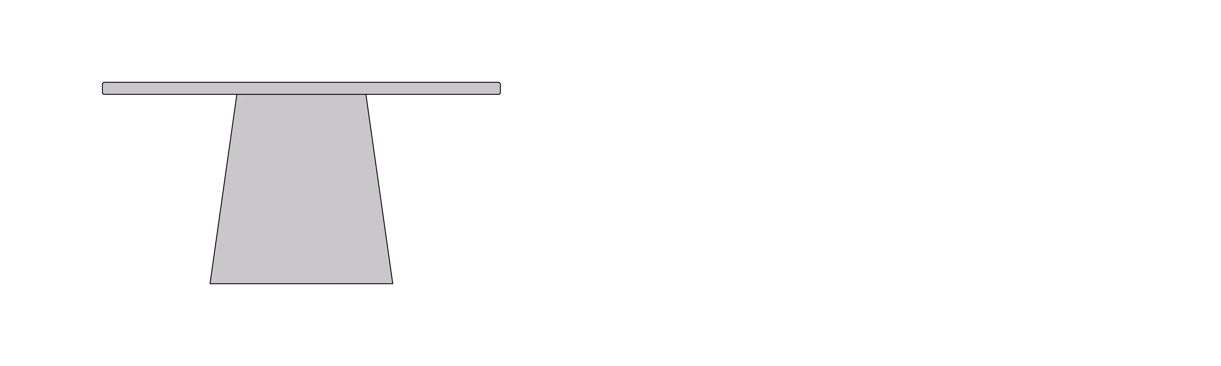 Side view of a table with a thick rectangular top and a wide trapezoidal base.