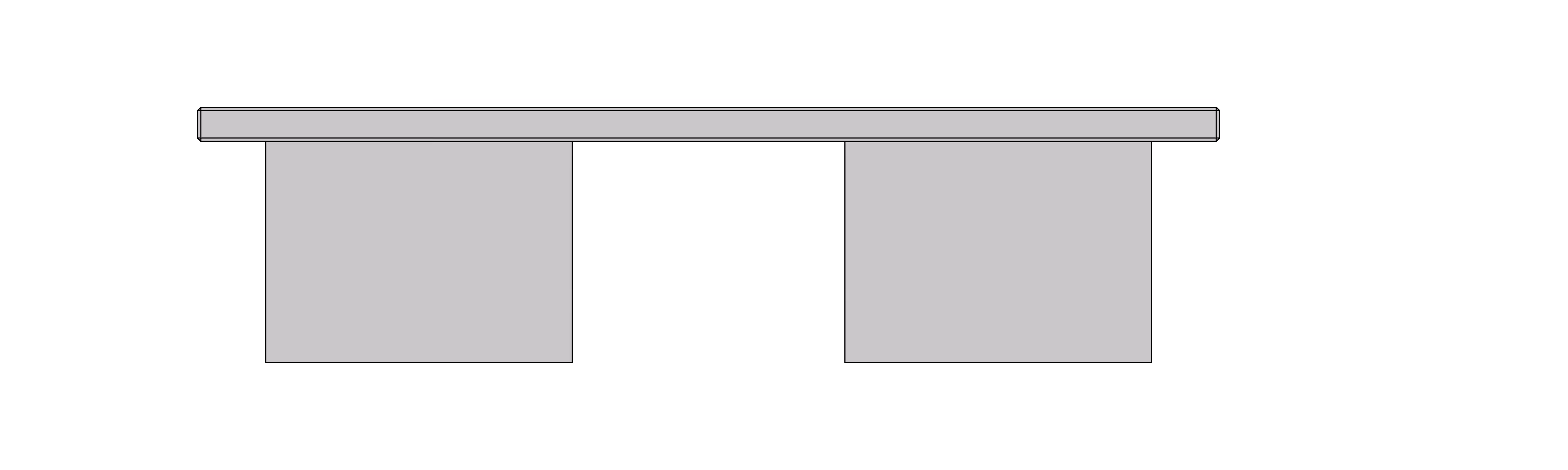 Minimalist bench with a long rectangular seat supported by two wide rectangular legs.