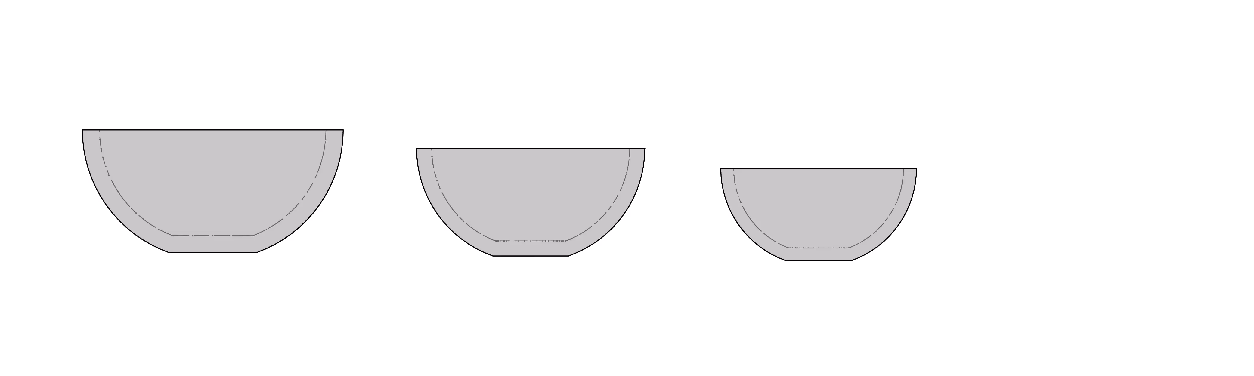 Three gray semicircular bowls of different sizes arranged in a row on a white background.