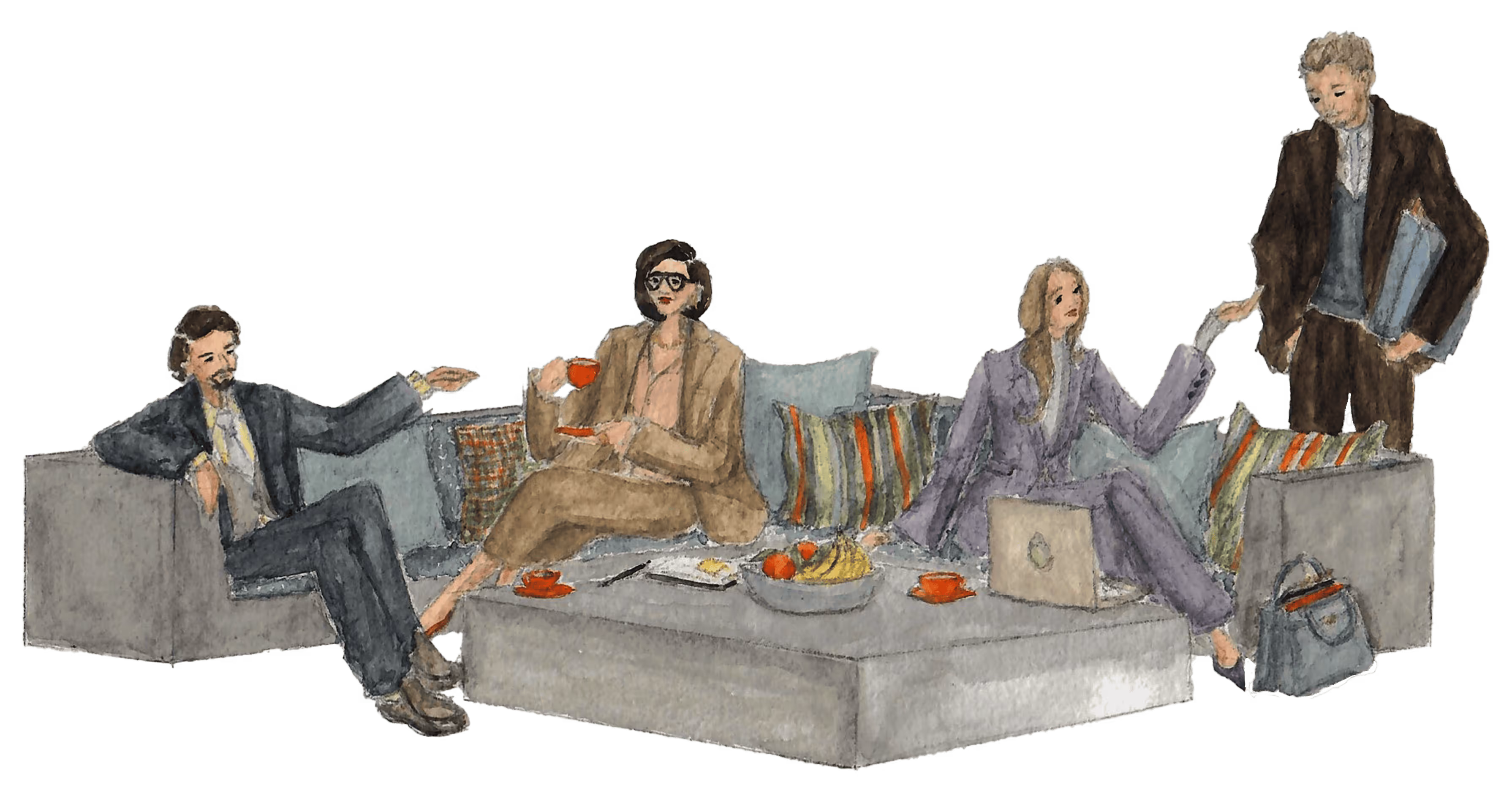 Watercolor of four business people in suits sitting and standing by a sofa with a coffee table.