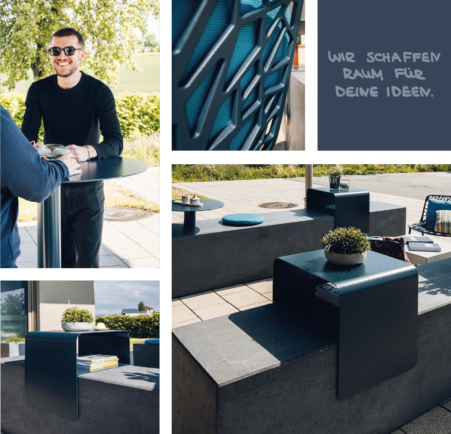 Modern outdoor seating area with concrete benches, small tables, plants, and a smiling man in sunglasses.