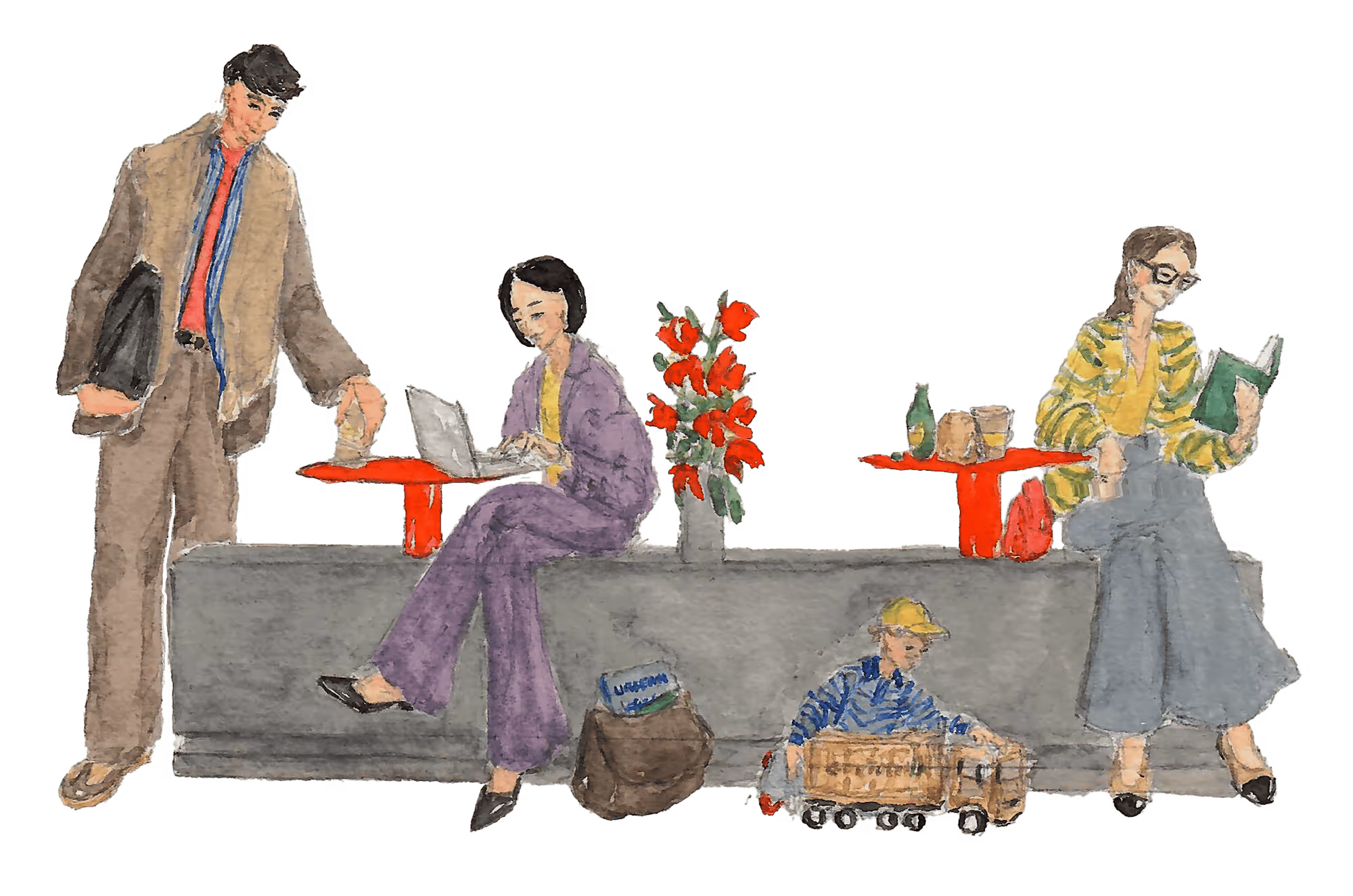 Watercolor painting of three adults sitting on a bench with a child playing with a toy truck.