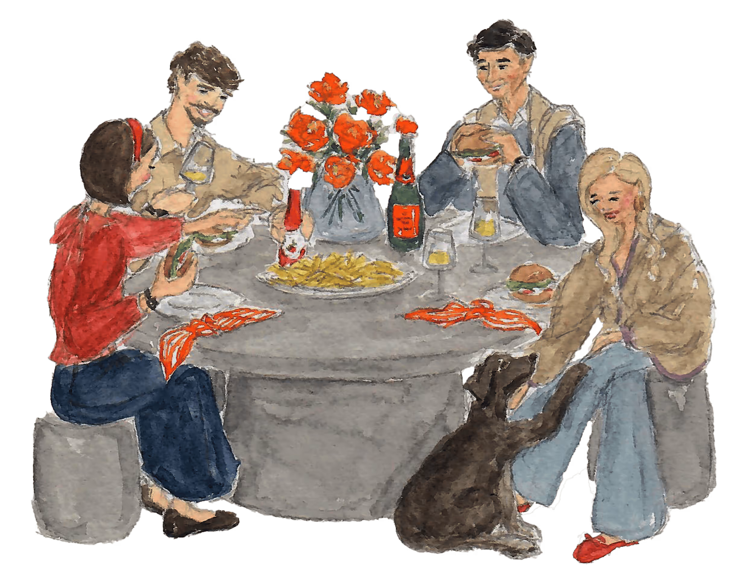 Four people sitting around a table eating, with a dog and a vase of red flowers in the center.