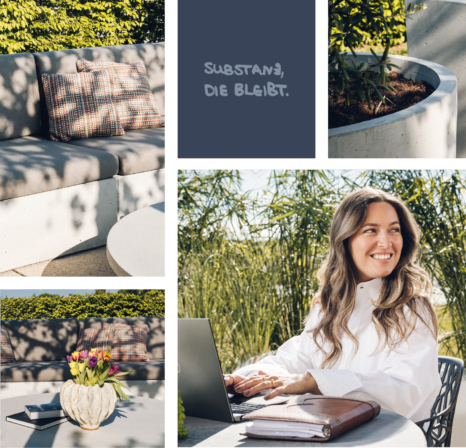 Smiling woman working on laptop outdoors at a round table with notebook and flowers nearby.