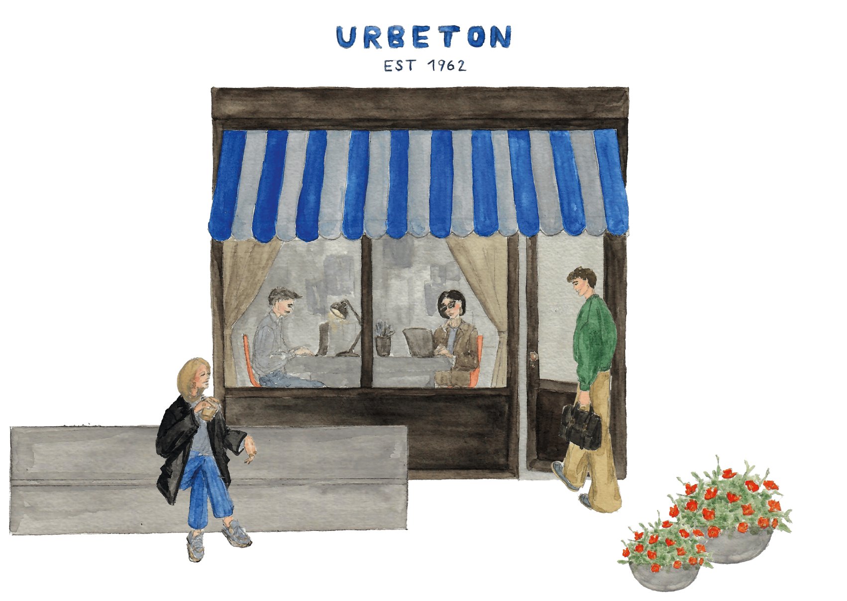 Watercolor scene of a coffee shop with two people working inside and two people outside nearby flowers.
