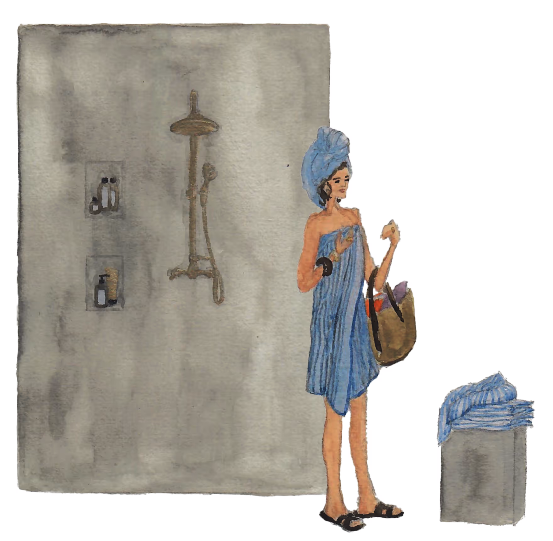 Woman in blue towel and head wrap holding a bag, standing near a gray shower with towels stacked nearby.