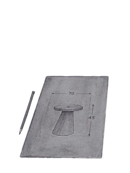 Sketchbook with stool dimensions 70x45 cm, cylindrical object, two square pieces, and pens on a blue surface.