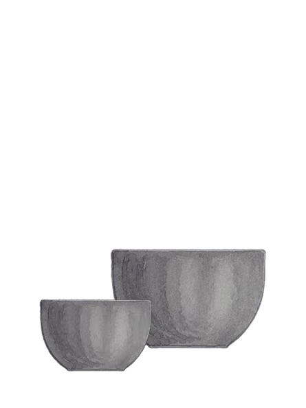 Two gray textured bowls, one smaller and one larger, placed side by side on white background.