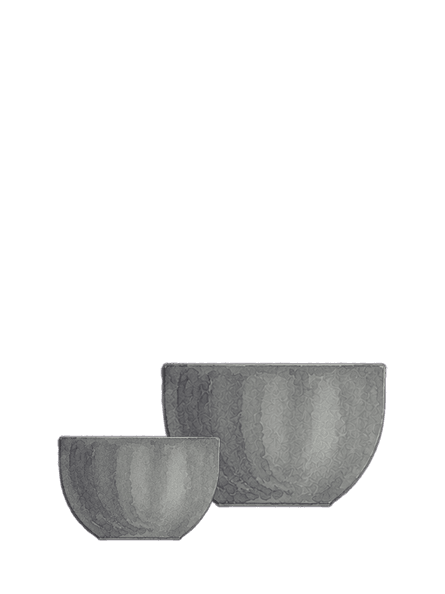 Two gray textured bowls, one smaller and one larger, placed side by side on white background.