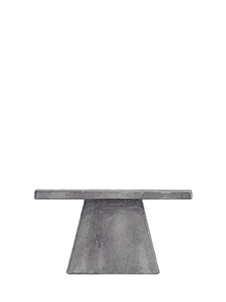 Gray concrete table with a rectangular top and wide trapezoid base.