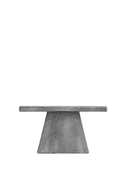 Gray concrete table with a rectangular top and wide trapezoid base.