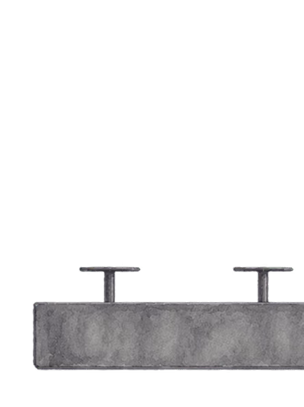 Rectangular industrial concrete pendant light fixture with two metal rods for ceiling mounting.