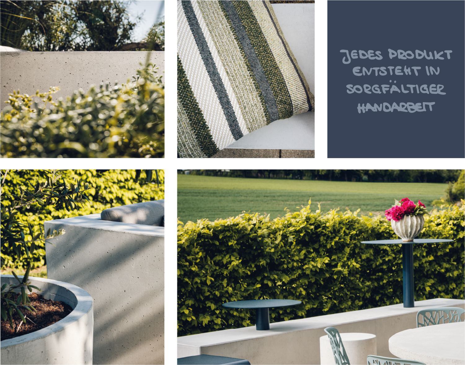 Modern outdoor patio with concrete seating, round tables, green hedge, and striped cushion.