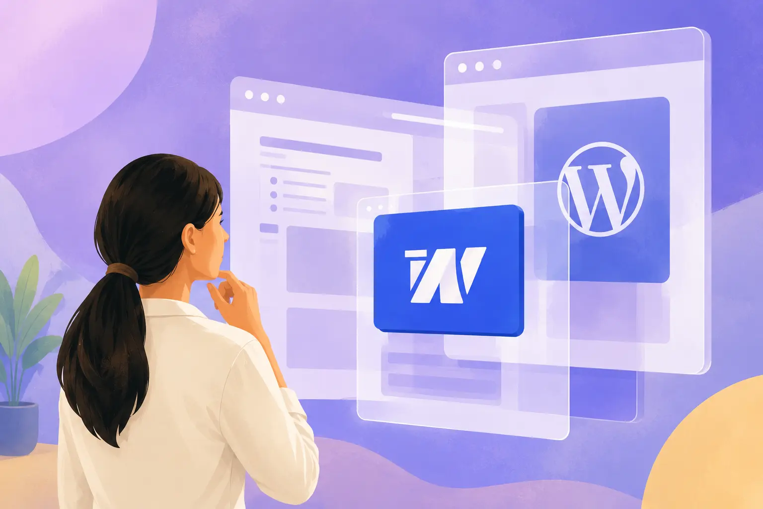 Editorial illustration accompanying Webflow vs WordPress vs Custom Website Development