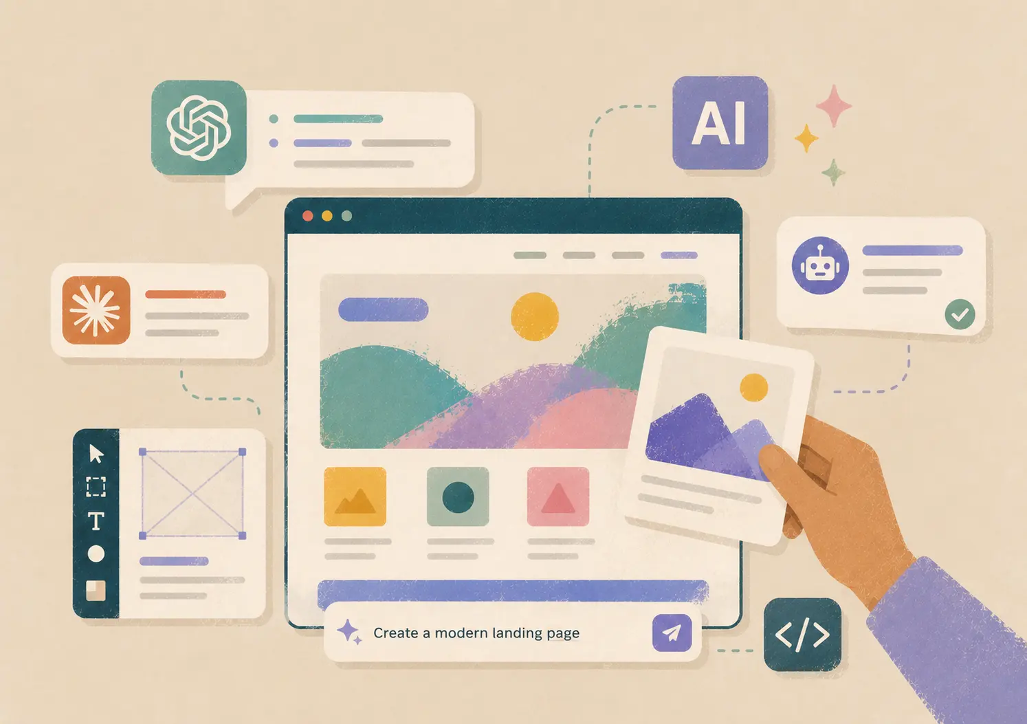 Editorial illustration accompanying AI in Web Design: What AI Can and Can't Replace