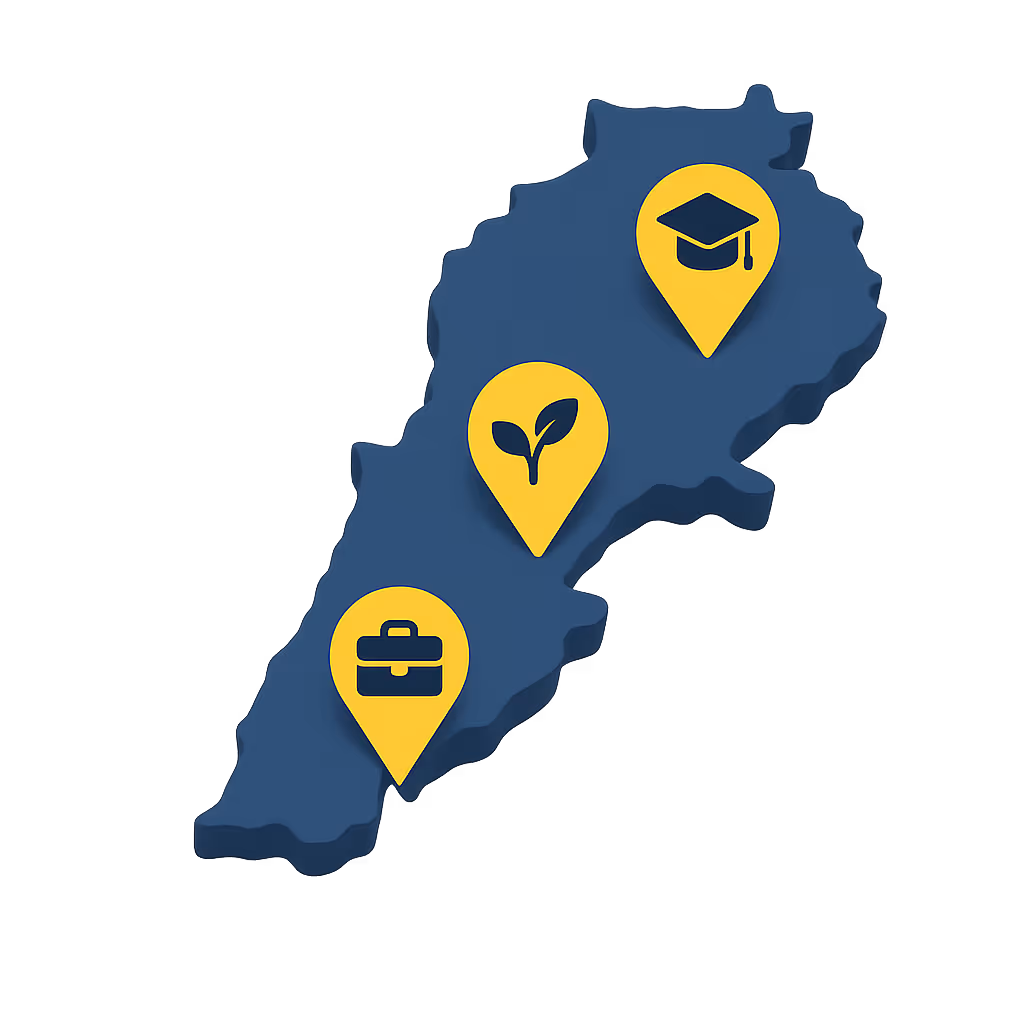Blue 3D map of Lebanon with yellow pins showing briefcase, plant, and graduation cap icons.