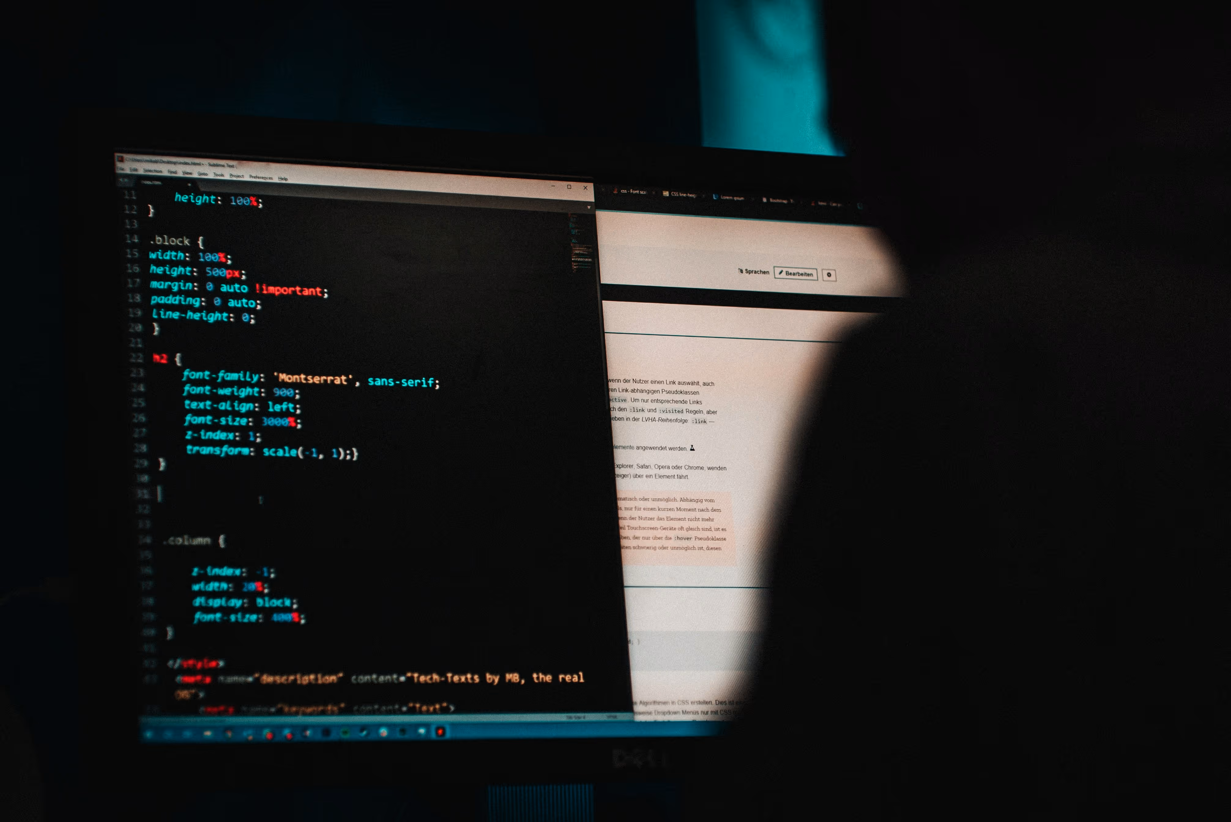 Computer screen displaying CSS code with dark background and colored text.