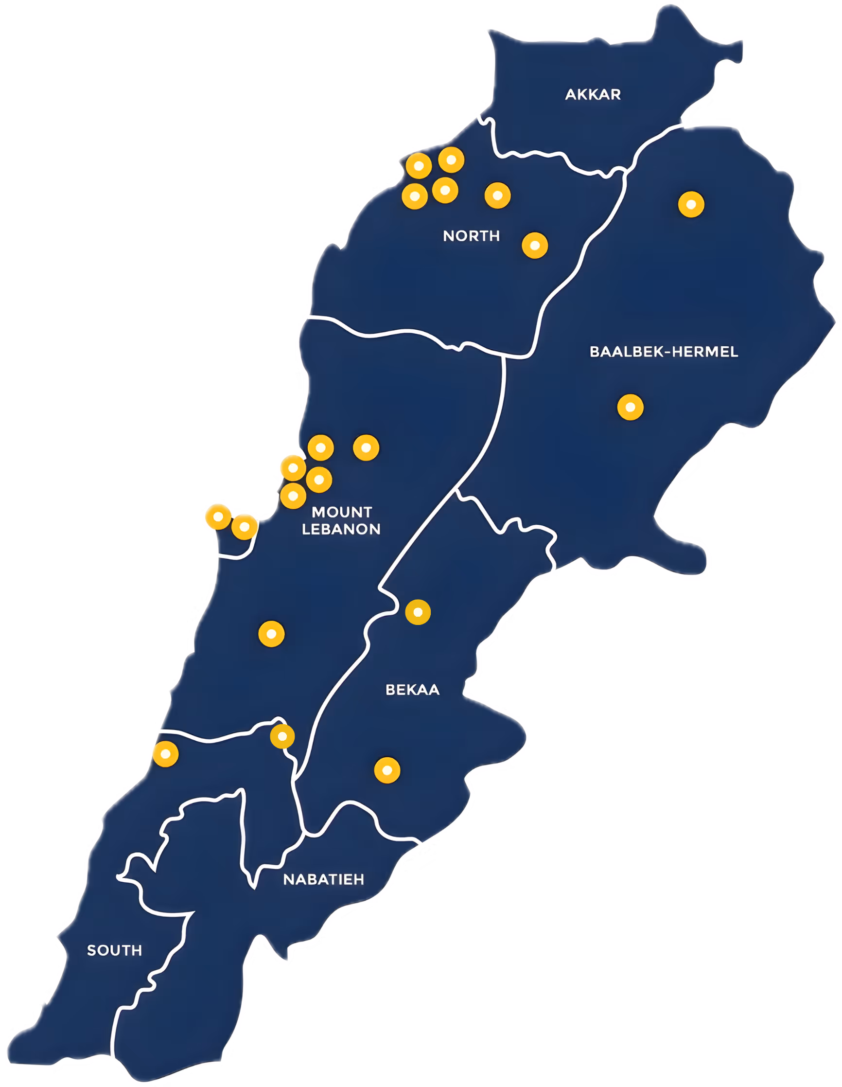 Map of Lebanon with regions Akkar, North, Mount Lebanon, Baalbek-Hermel, Bekaa, Nabatieh, and South marked with yellow dots.