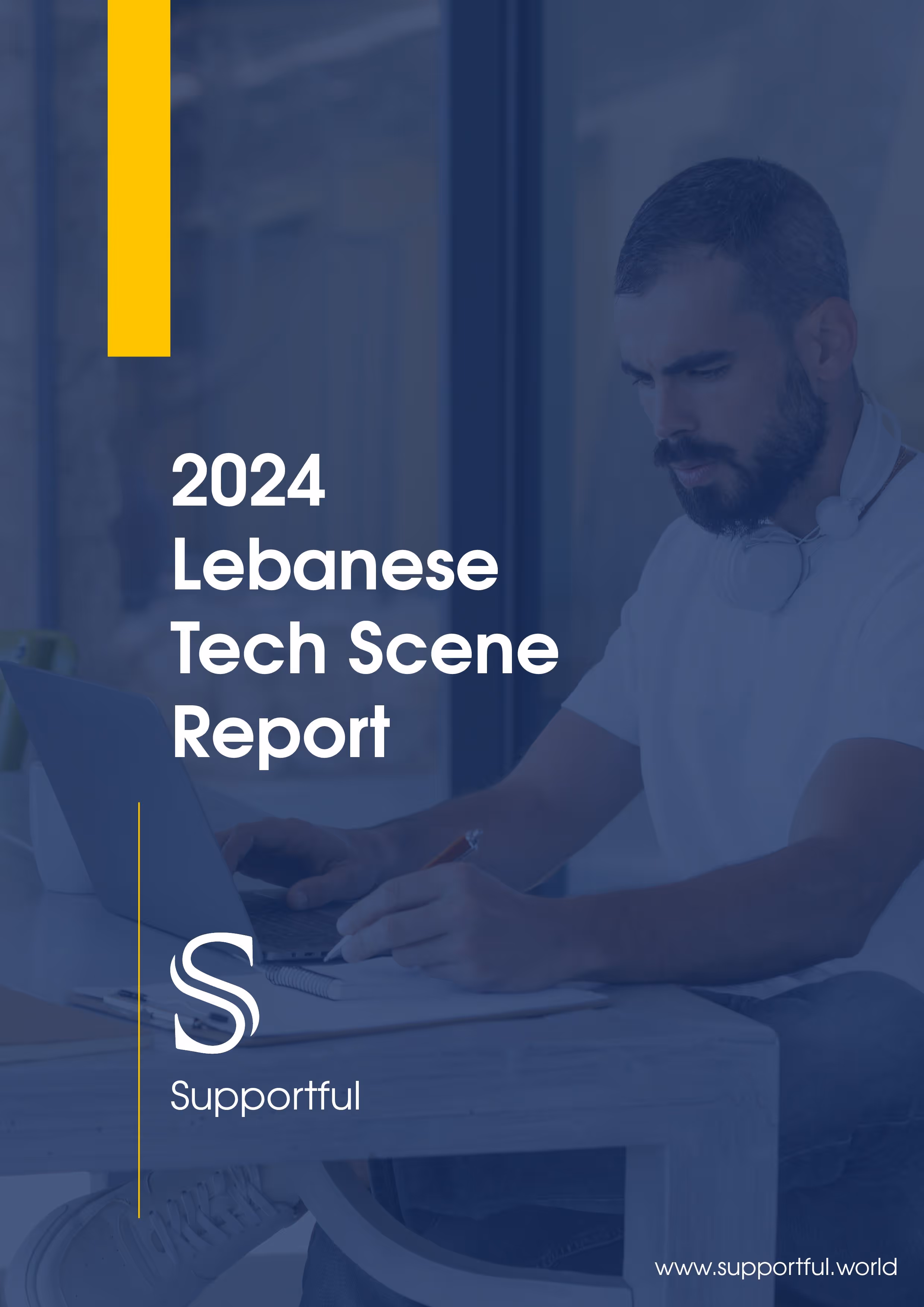 2024 Lebanese Tech Scene Report cover with a man working on a laptop at a desk.