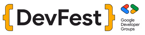 DevFest logo with orange curly braces and Google Developer Groups icon.