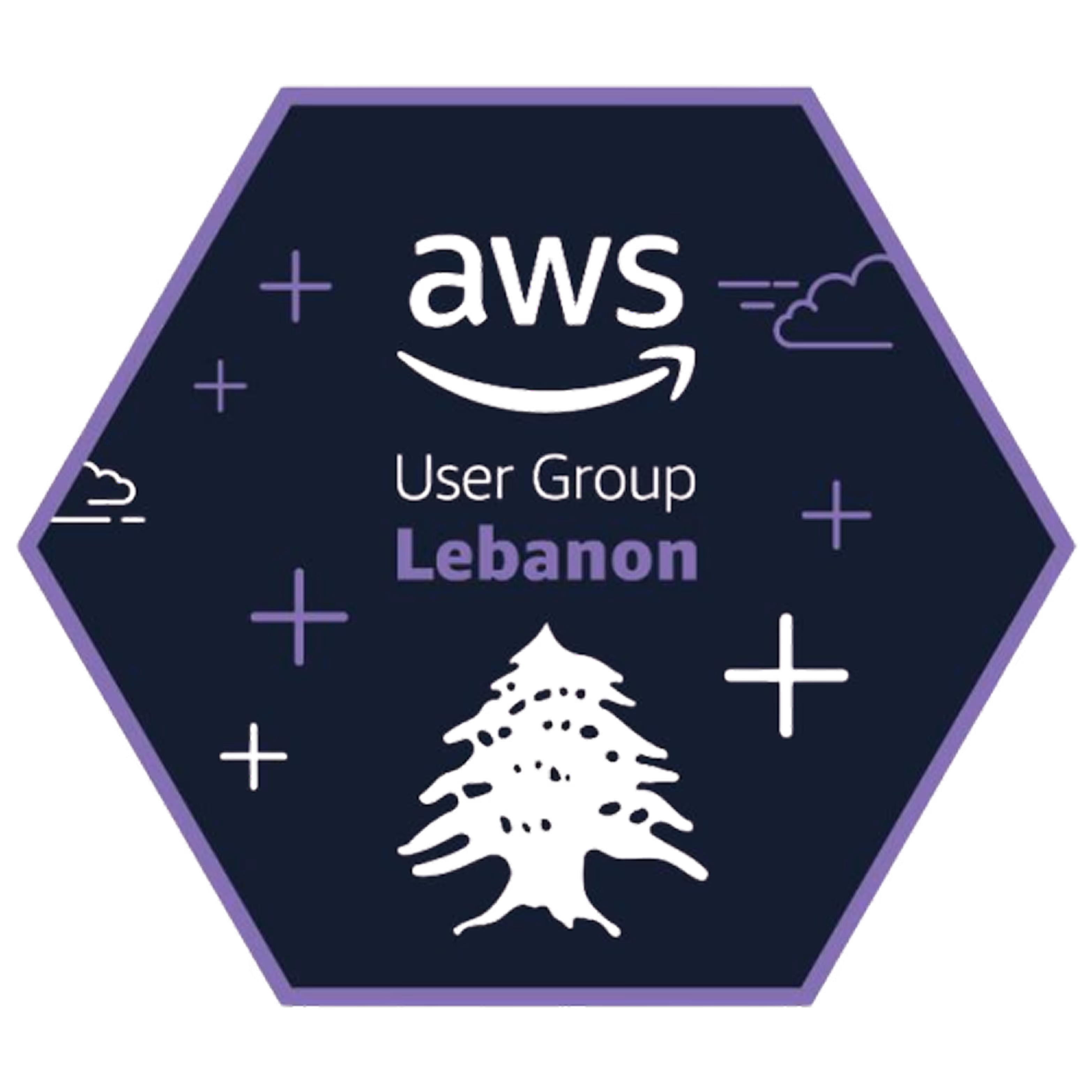Hexagon badge with AWS User Group Lebanon text and a cedar tree icon inside.