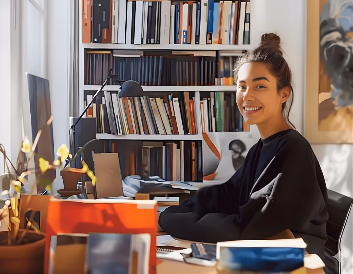 Smiling woman sitting at a cluttered desk in a bright room with bookshelves filled with books in the background.