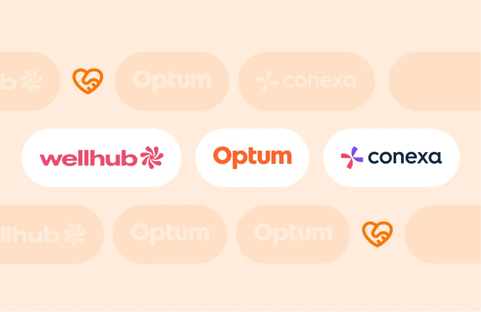 Logos dos parceiros de saúde e bem-estar Wellhub, Optum e Conexa