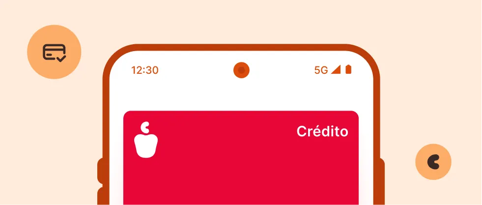 Ilustração de um celular exibindo o cartão virtual de crédito Caju pronto para usar