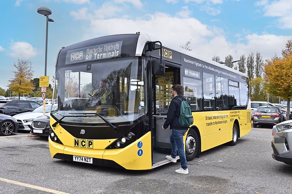 Boarding the NCP Manchester Flightpath parking shuttle bus to the airport