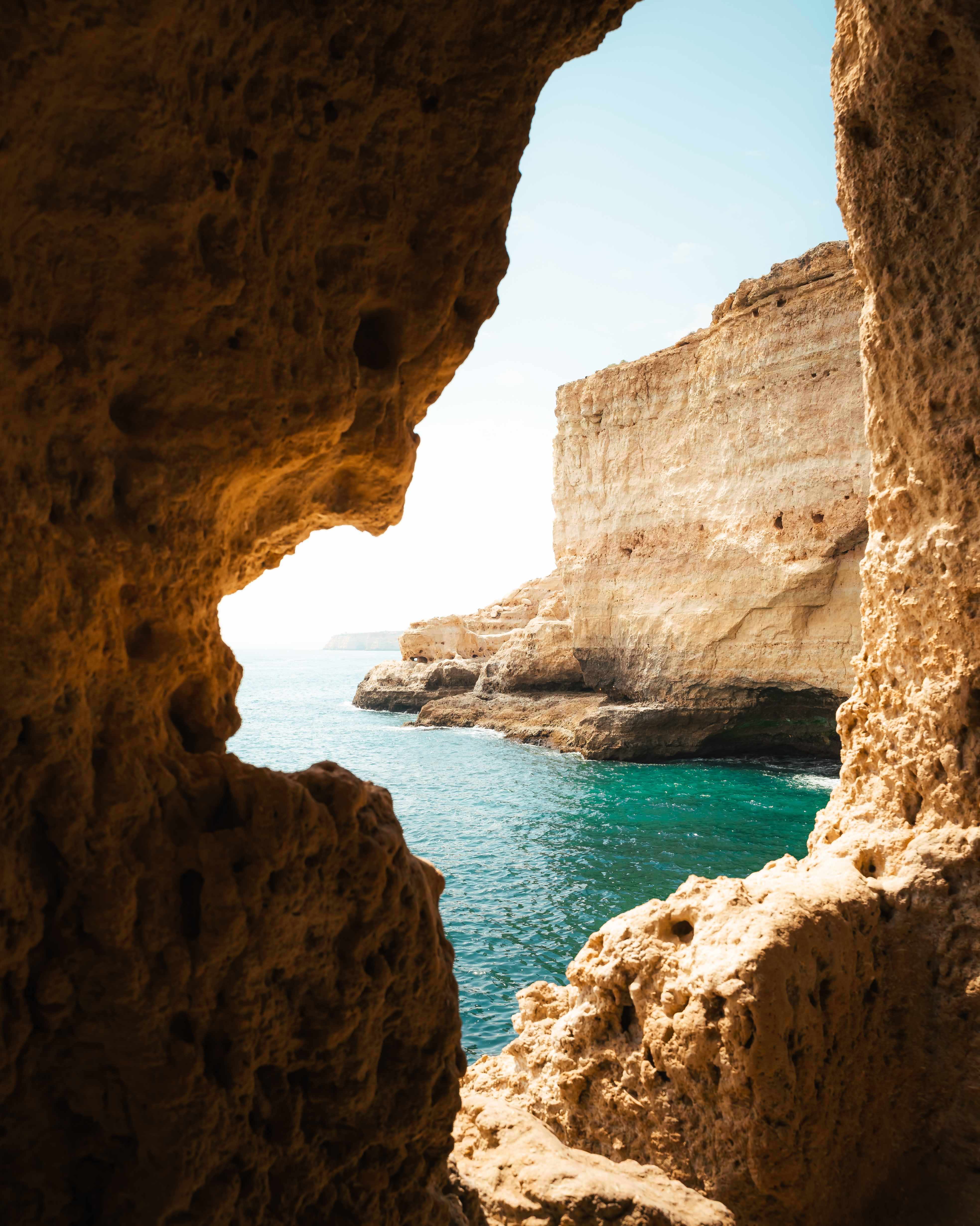 Carvoeiro, Portugal. Framed image of the ocean and cliffs in Algarve, Portugal