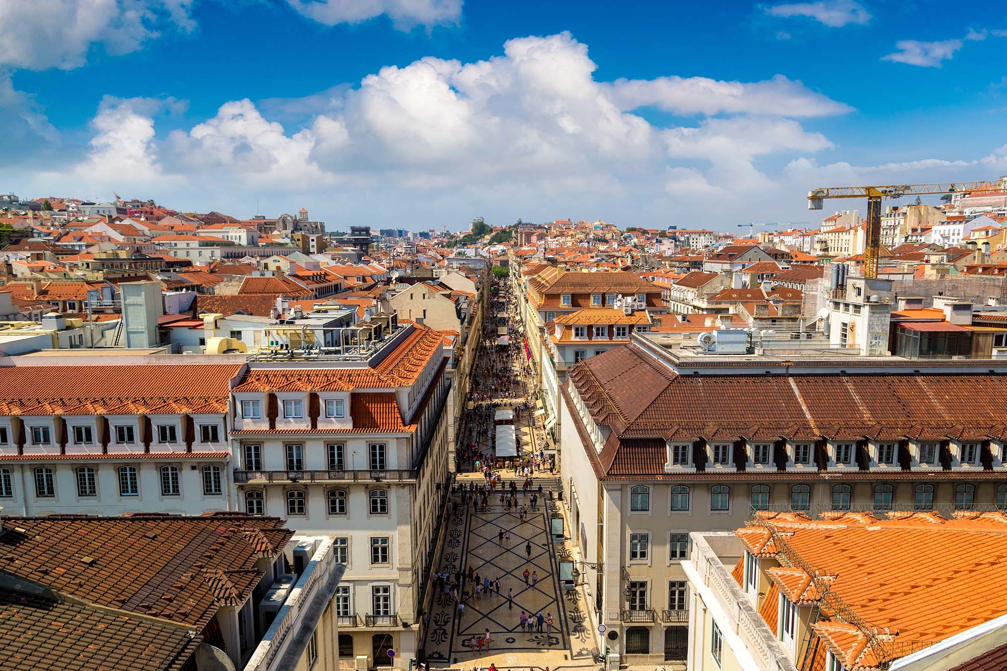 An aerial view over the Baixa district of Lisbon, overlooking traditional buildings