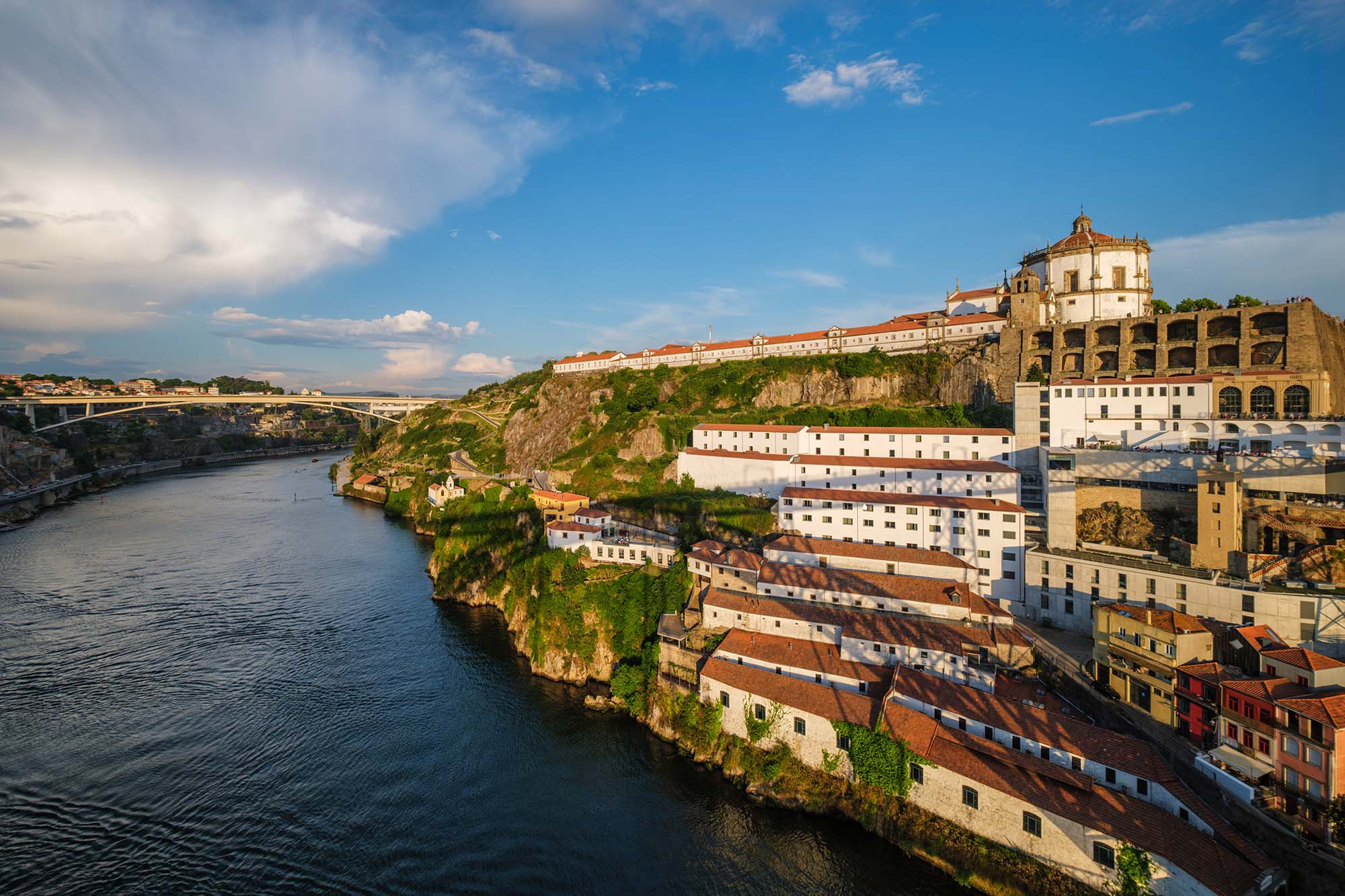 View of Vila Nova de Gaia city with Mosteiro da Serra do Pilar monastery and Douro river