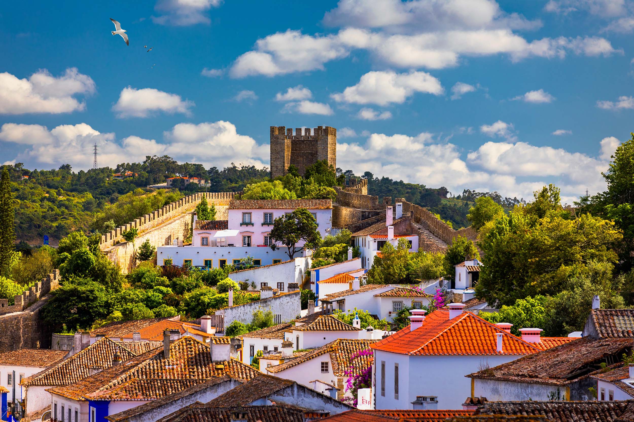 The historic stonewalled city of Obidos, with its medieval fortress, near Lisbon