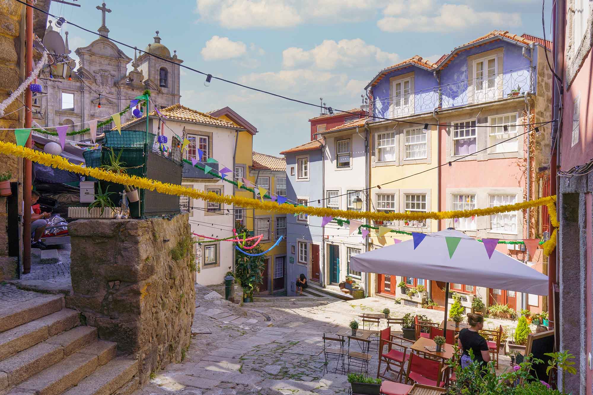Traditional town square in Portugal with colourful decoration