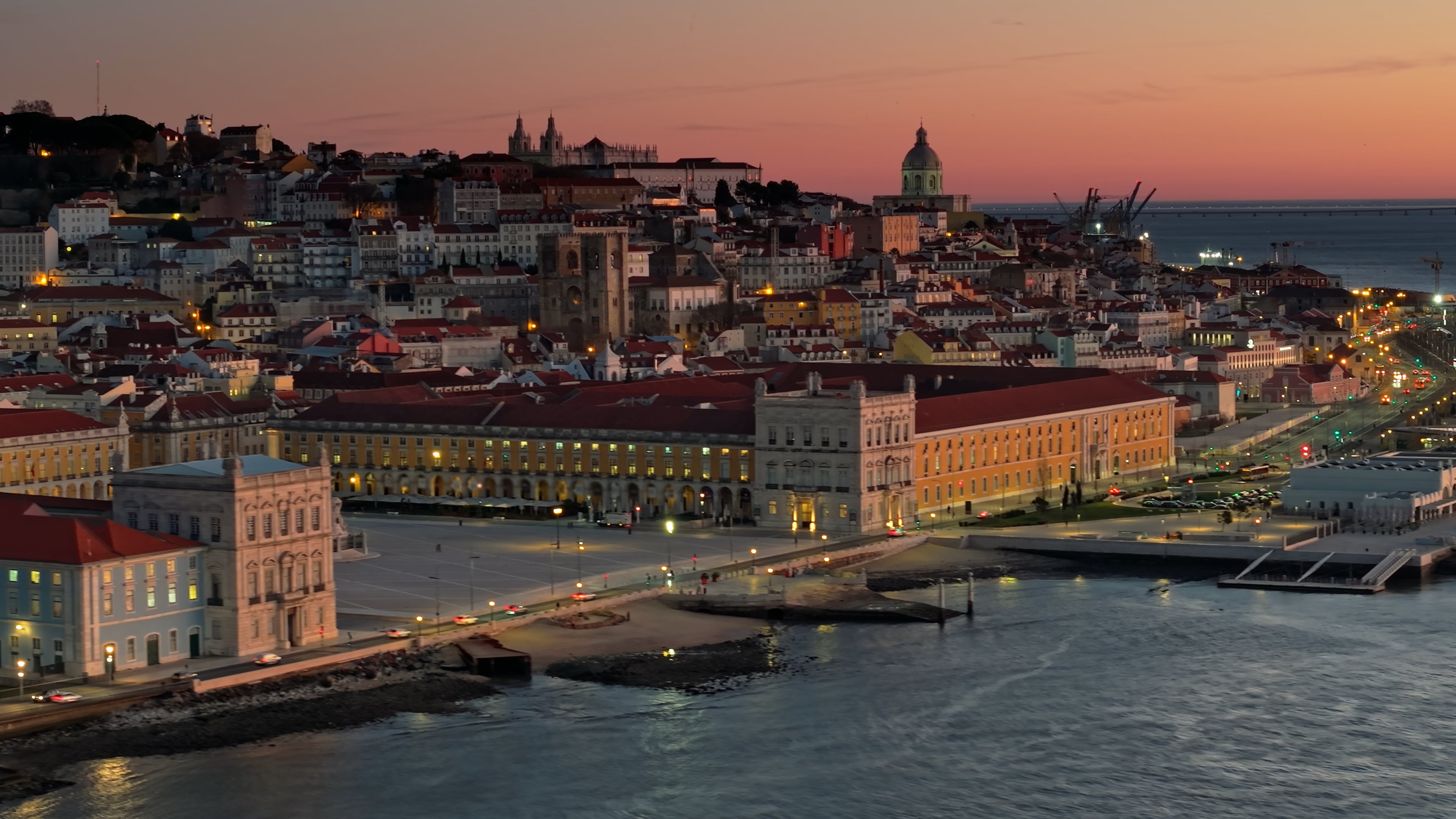 Aerial view over city of Lisbon at sunset 