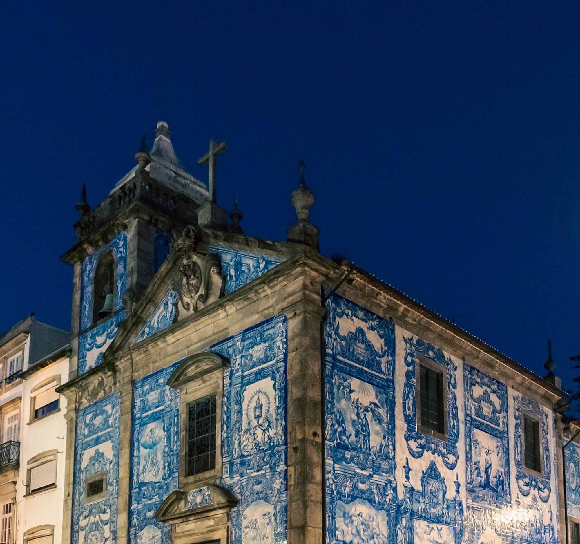 Chapel of Souls with blue sky, night view in Porto, Portugal