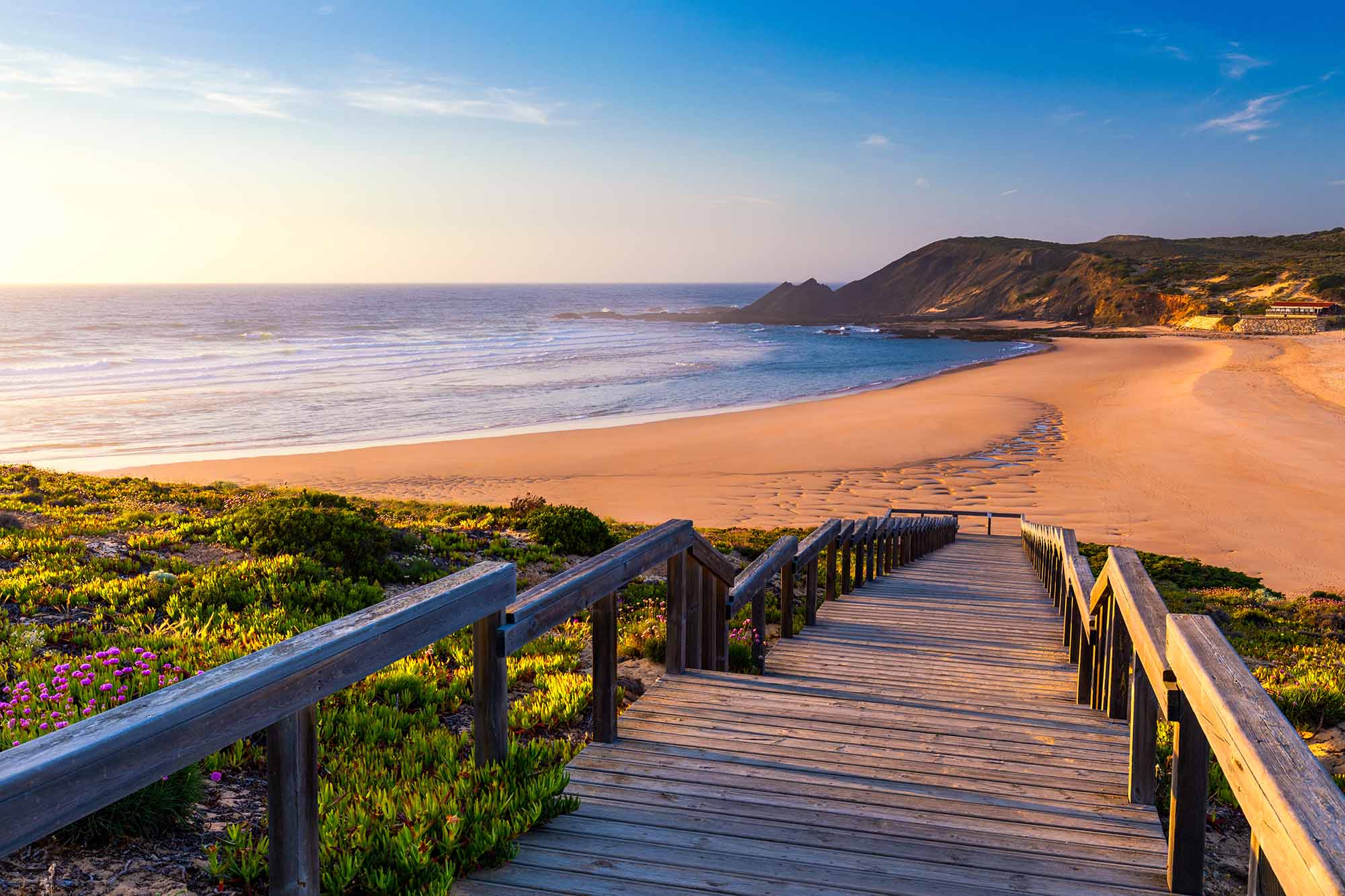 Wooden walkway to the beach Praia da Amoreira, District Aljezur, Algarve Portugal