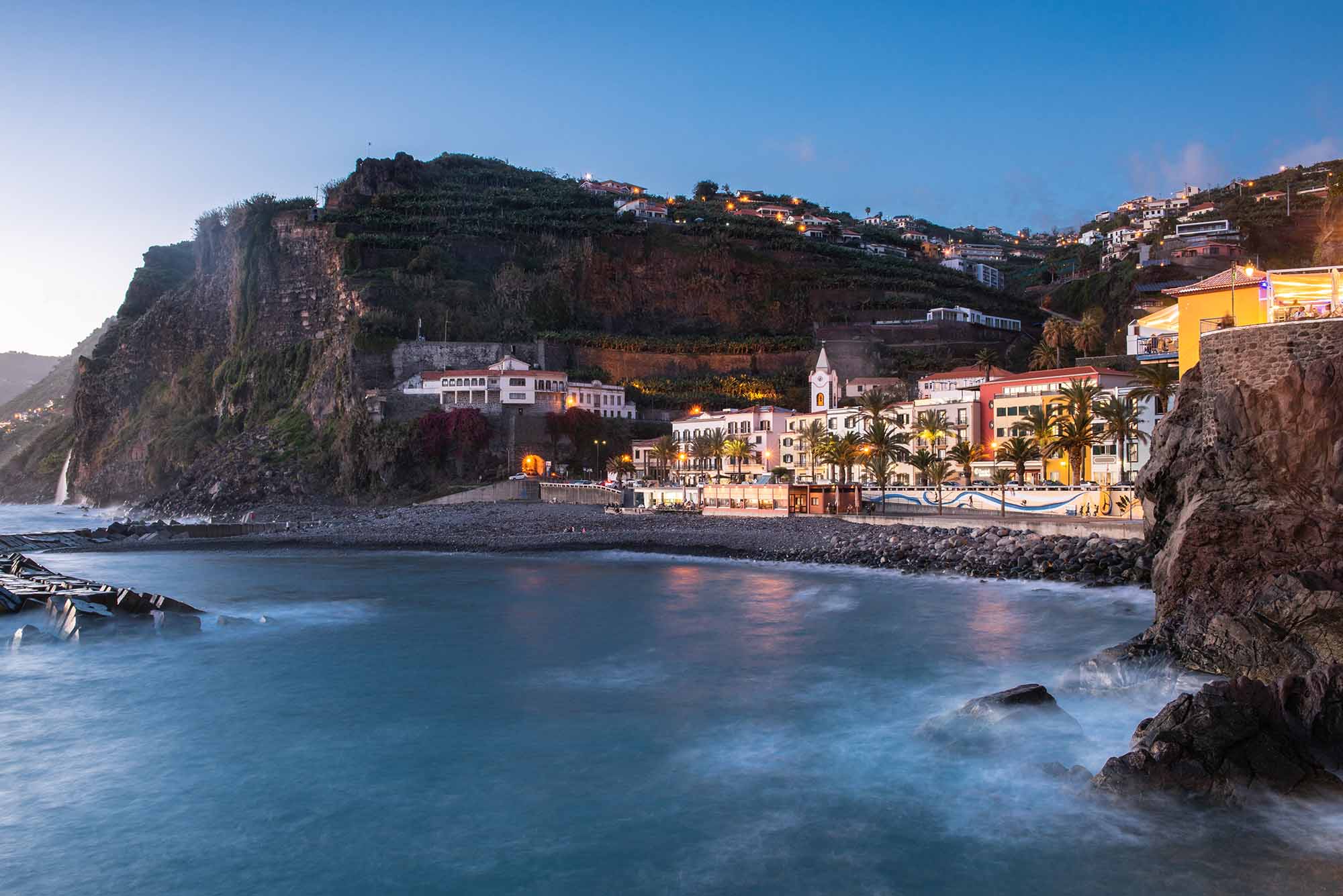 Blue hour townscape of Ponta do Sol, Madeira, Portugal