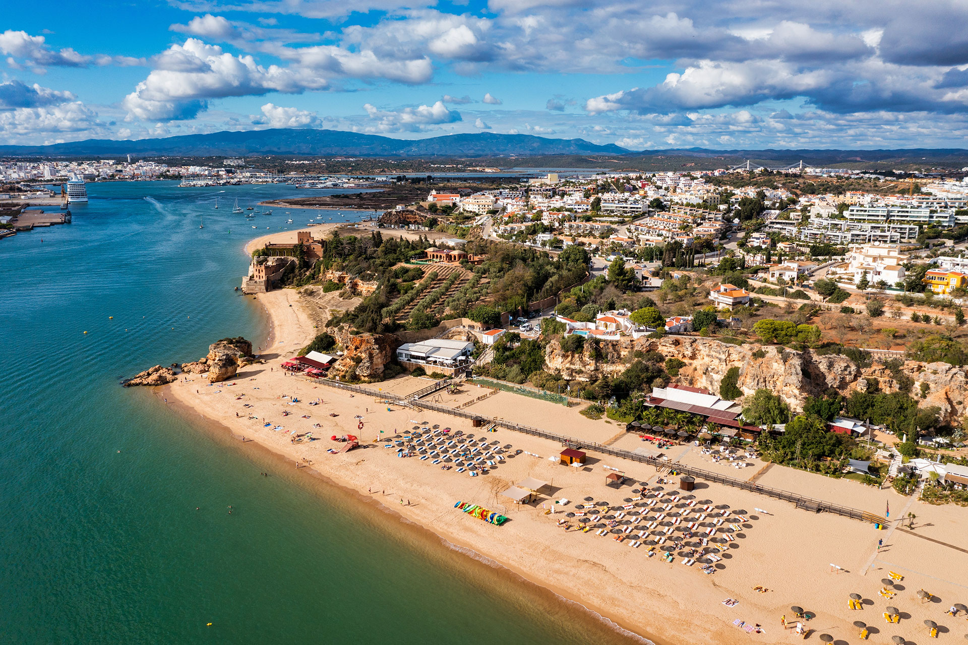 Aerial view of beach in Ferragudo, Portugal