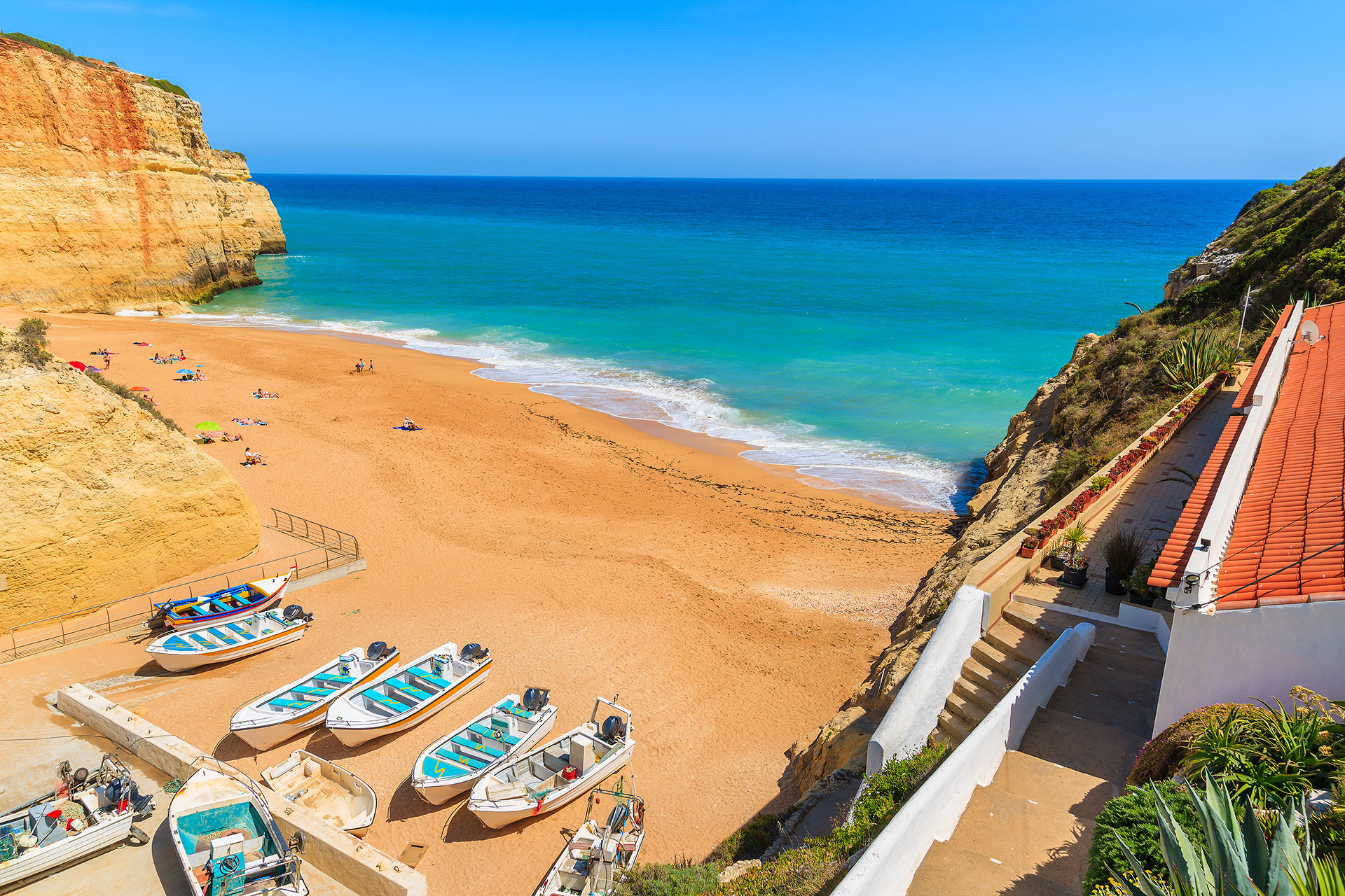 Fishing boats in a secluded beach in Bengail, Portugal