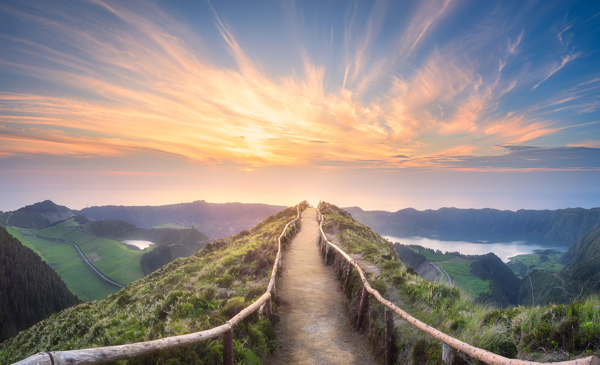 Mountain landscape with hiking trail and view of beautiful lakes Ponta Delgada, Sao Miguel Island