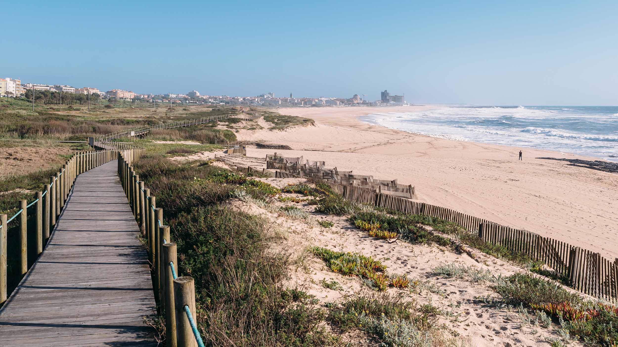 Wooden boardwalk at the Praia da Frente Azul, in english the blue beach front in the seaside resort Espinho.