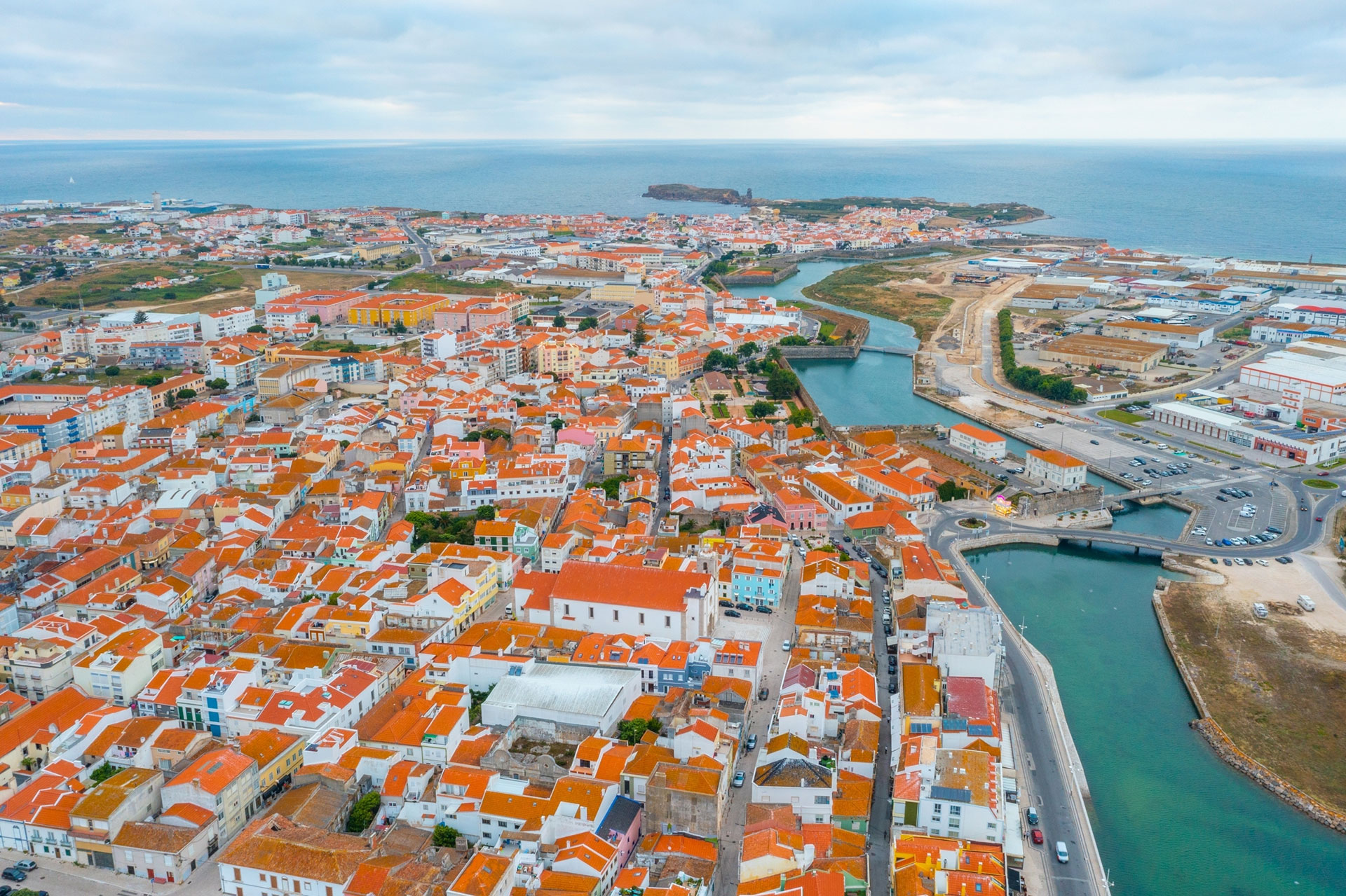 Aerial view shows the striking orange rooftops adorning homes in the Portuguese town of Peniche